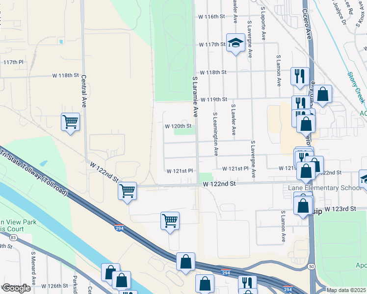 map of restaurants, bars, coffee shops, grocery stores, and more near 5221 West 120th Place in Alsip
