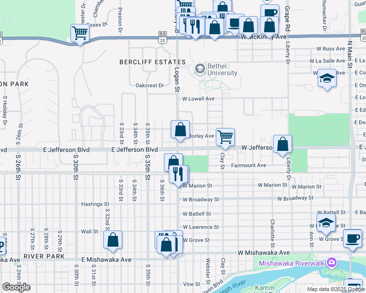 map of restaurants, bars, coffee shops, grocery stores, and more near 1020 West Jefferson Boulevard in Mishawaka