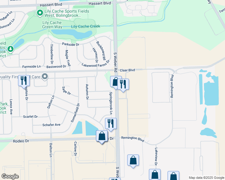 map of restaurants, bars, coffee shops, grocery stores, and more near 764 Springbrook Lane in Bolingbrook