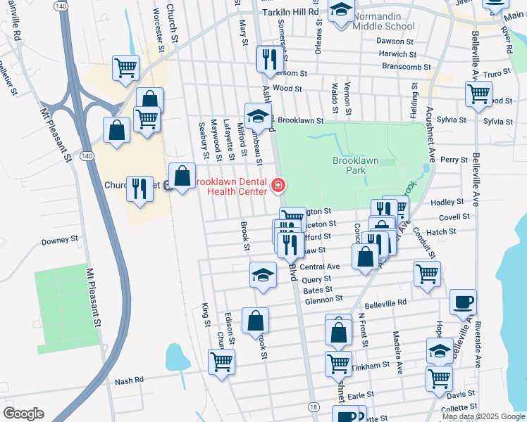 map of restaurants, bars, coffee shops, grocery stores, and more near 227 Irvington St in New Bedford