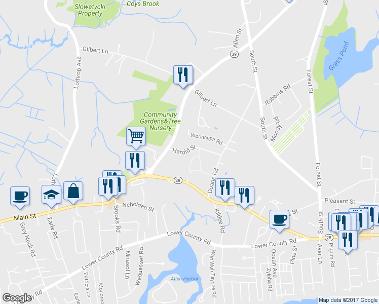 map of restaurants, bars, coffee shops, grocery stores, and more near 9 Harold Street in Harwich