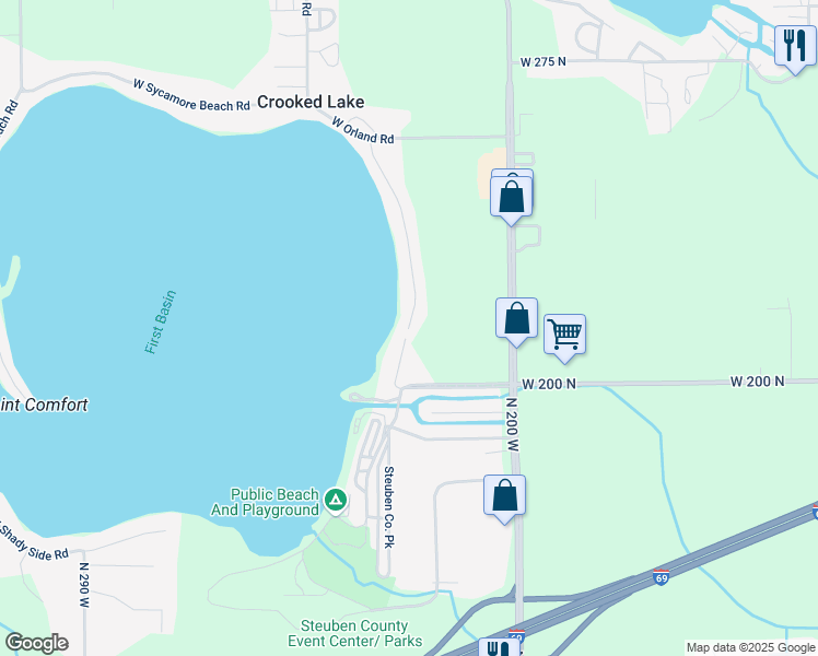 map of restaurants, bars, coffee shops, grocery stores, and more near 819 Ln 375 Crooked Lake in Angola