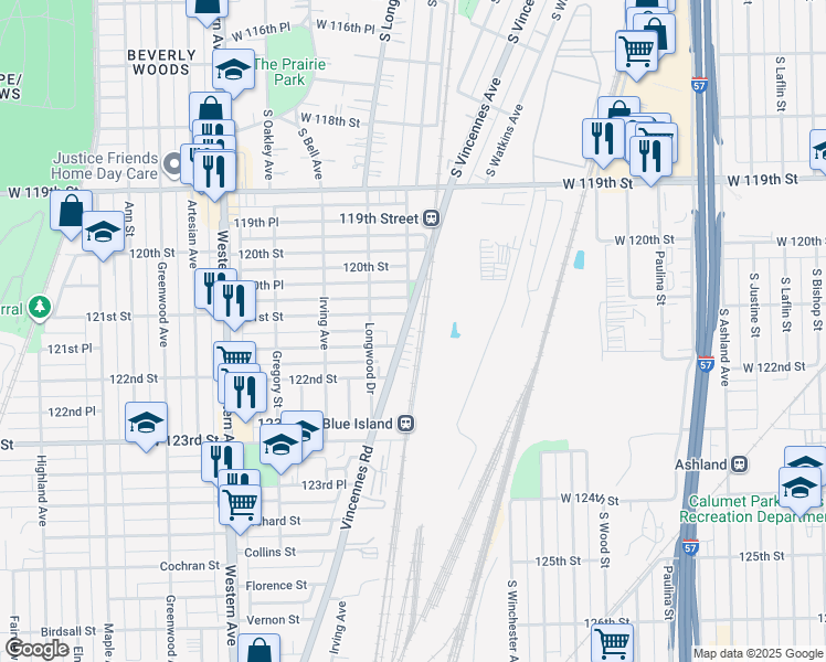map of restaurants, bars, coffee shops, grocery stores, and more near 12113 Vincennes Road in Blue Island