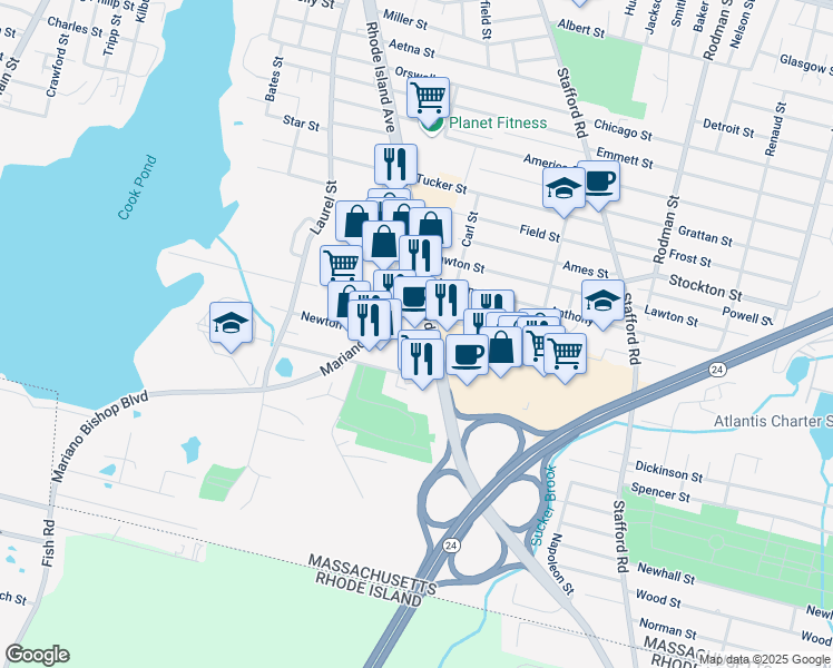 map of restaurants, bars, coffee shops, grocery stores, and more near 441 William S Canning Boulevard in Fall River