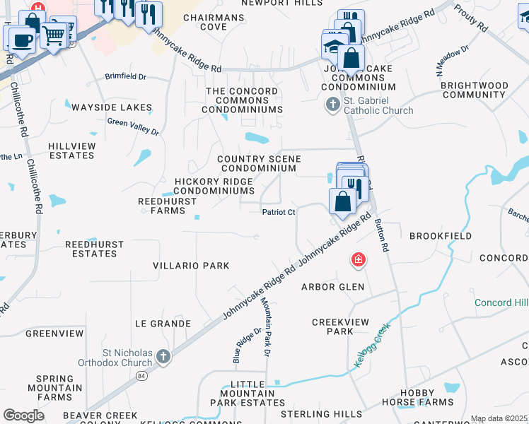 map of restaurants, bars, coffee shops, grocery stores, and more near Patriot Court in Lake County