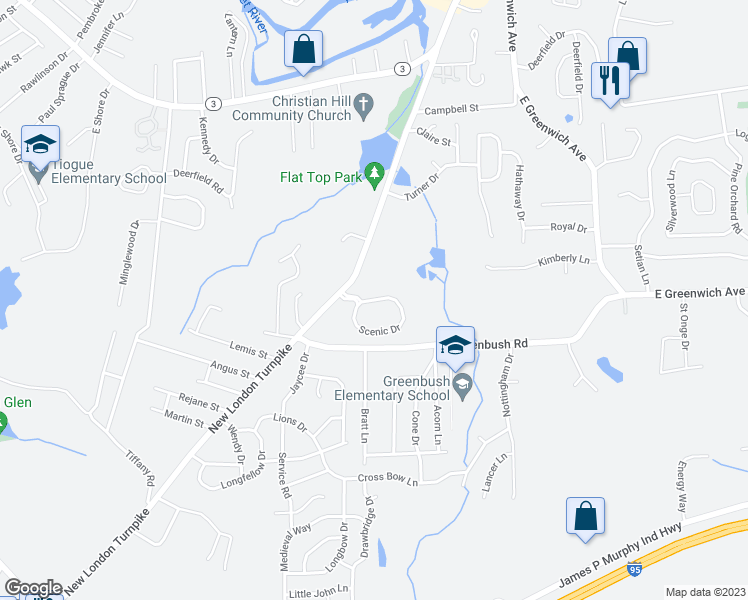 map of restaurants, bars, coffee shops, grocery stores, and more near 106 Scenic Drive in West Warwick