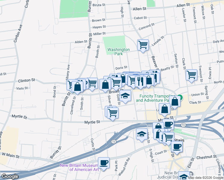map of restaurants, bars, coffee shops, grocery stores, and more near 185 Broad Street in New Britain