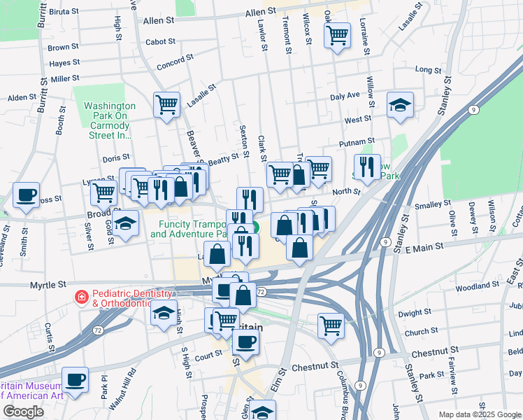 map of restaurants, bars, coffee shops, grocery stores, and more near 75 North Street in New Britain