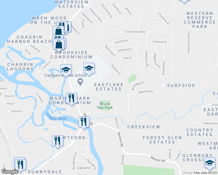 map of restaurants, bars, coffee shops, grocery stores, and more near Hillcrest Drive in Eastlake