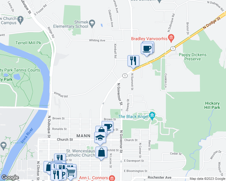 map of restaurants, bars, coffee shops, grocery stores, and more near 926 North Dodge Street in Iowa City