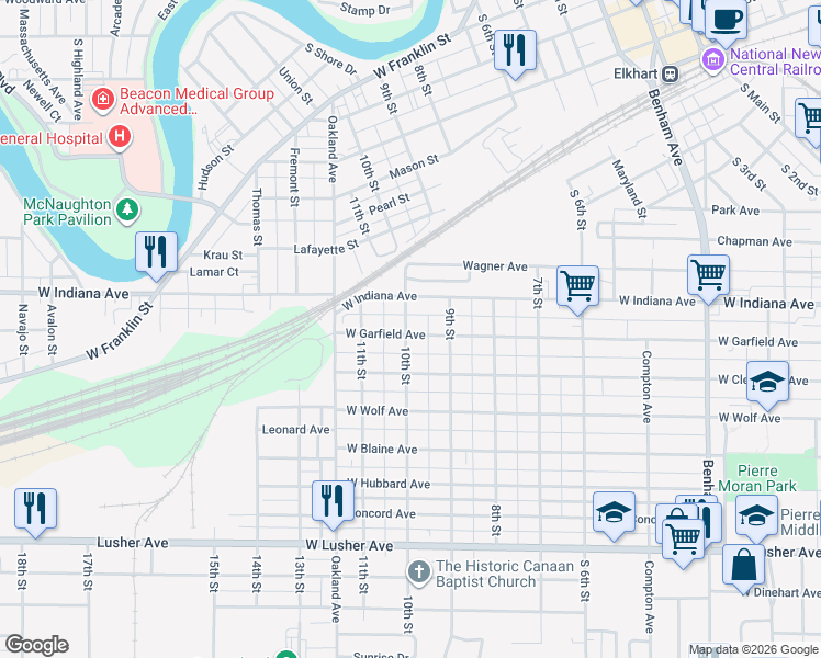 map of restaurants, bars, coffee shops, grocery stores, and more near 1514 10th Street in Elkhart