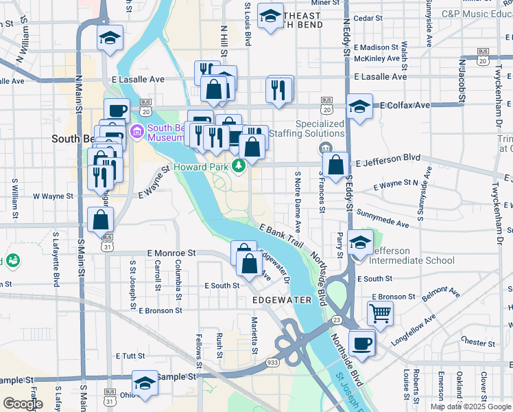 map of restaurants, bars, coffee shops, grocery stores, and more near 300 South Saint Louis Boulevard in South Bend