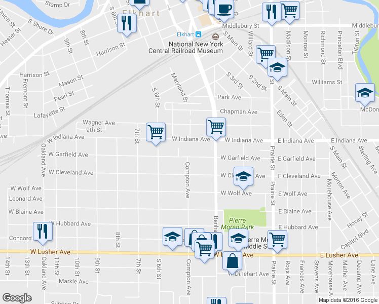 map of restaurants, bars, coffee shops, grocery stores, and more near 352 West Garfield Avenue in Elkhart