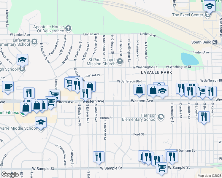 map of restaurants, bars, coffee shops, grocery stores, and more near 309 South Chicago Street in South Bend
