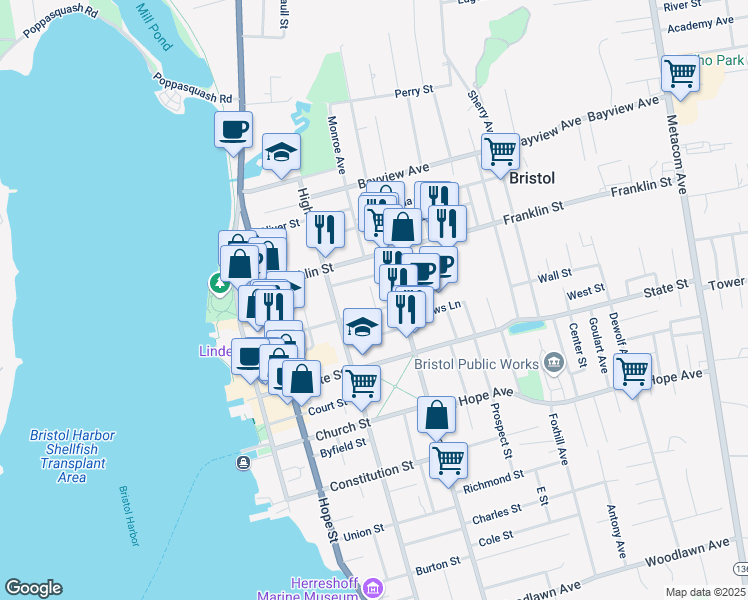 map of restaurants, bars, coffee shops, grocery stores, and more near 163 Bradford Street in Bristol