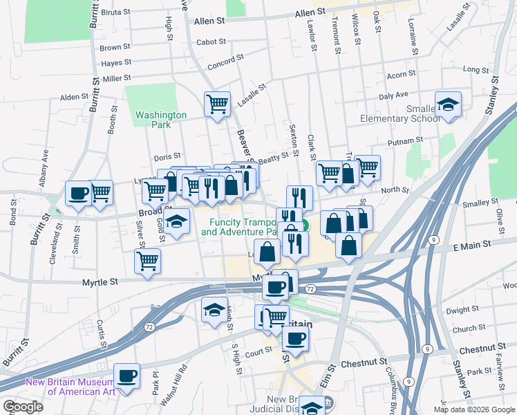 map of restaurants, bars, coffee shops, grocery stores, and more near 686 Main Street in New Britain