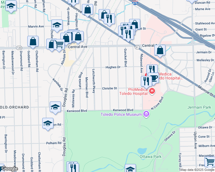 map of restaurants, bars, coffee shops, grocery stores, and more near 2704 Sherbrooke Road in Toledo