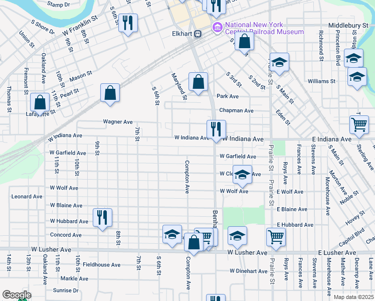 map of restaurants, bars, coffee shops, grocery stores, and more near 352 West Garfield Avenue in Elkhart