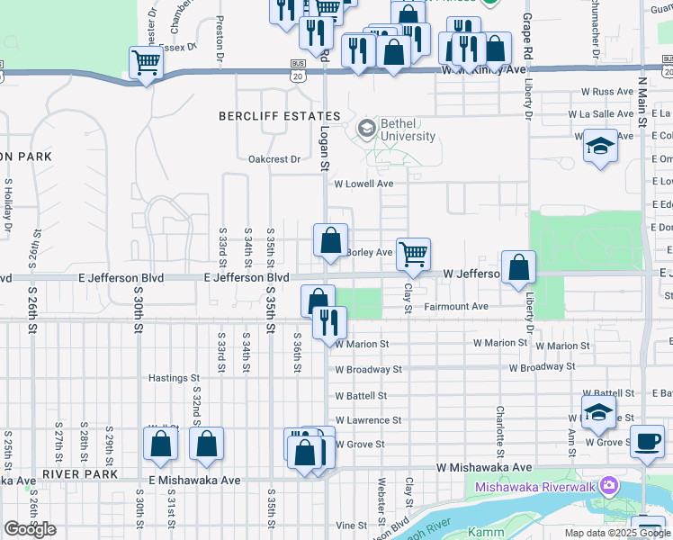 map of restaurants, bars, coffee shops, grocery stores, and more near 1020 West Jefferson Boulevard in Mishawaka