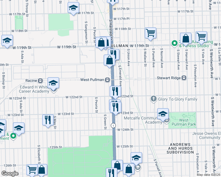 map of restaurants, bars, coffee shops, grocery stores, and more near 12134 South Halsted Street in Chicago