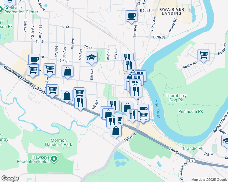 map of restaurants, bars, coffee shops, grocery stores, and more near 406 3rd Avenue in Coralville