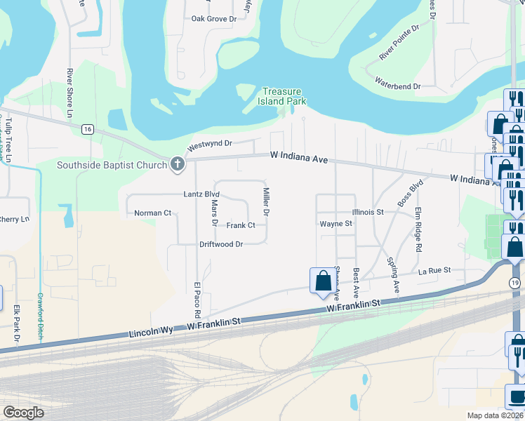 map of restaurants, bars, coffee shops, grocery stores, and more near 56543 Miller Drive in Elkhart