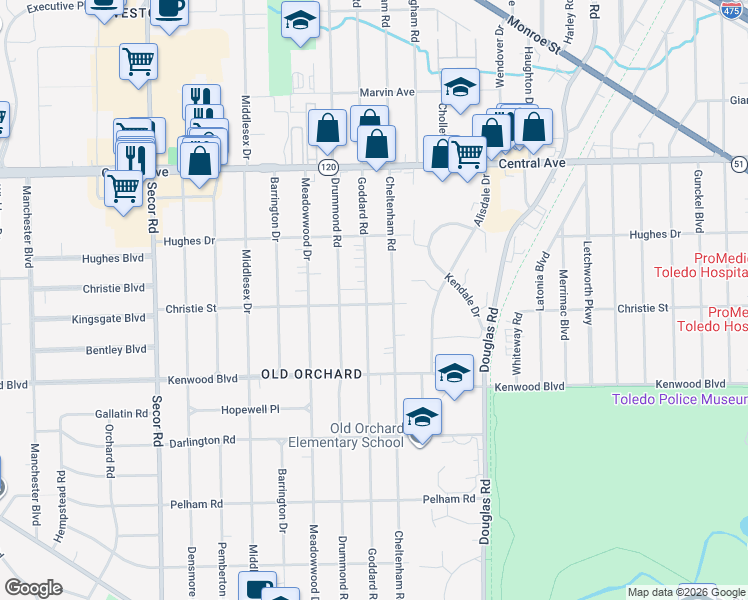 map of restaurants, bars, coffee shops, grocery stores, and more near 2674 Goddard Road in Toledo