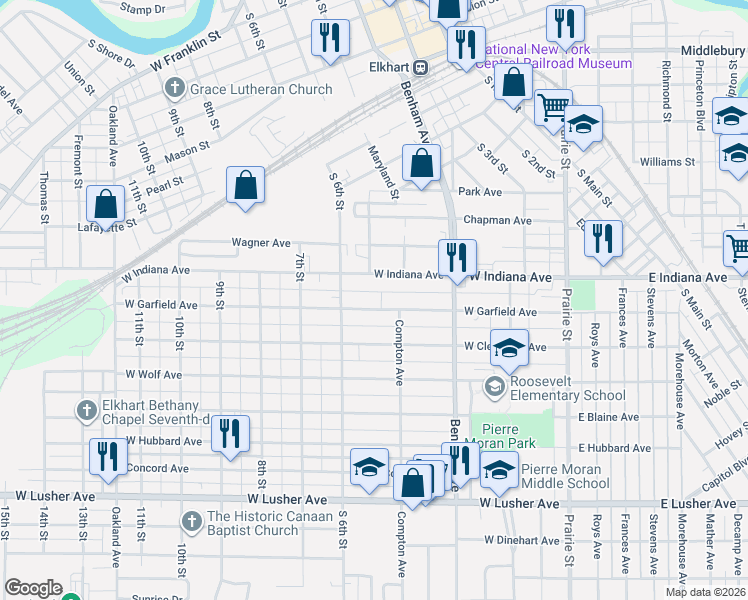 map of restaurants, bars, coffee shops, grocery stores, and more near 512 W Garfield Ave in Elkhart