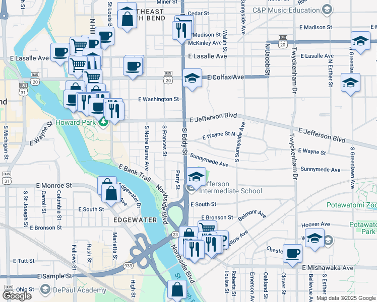 map of restaurants, bars, coffee shops, grocery stores, and more near in South Bend