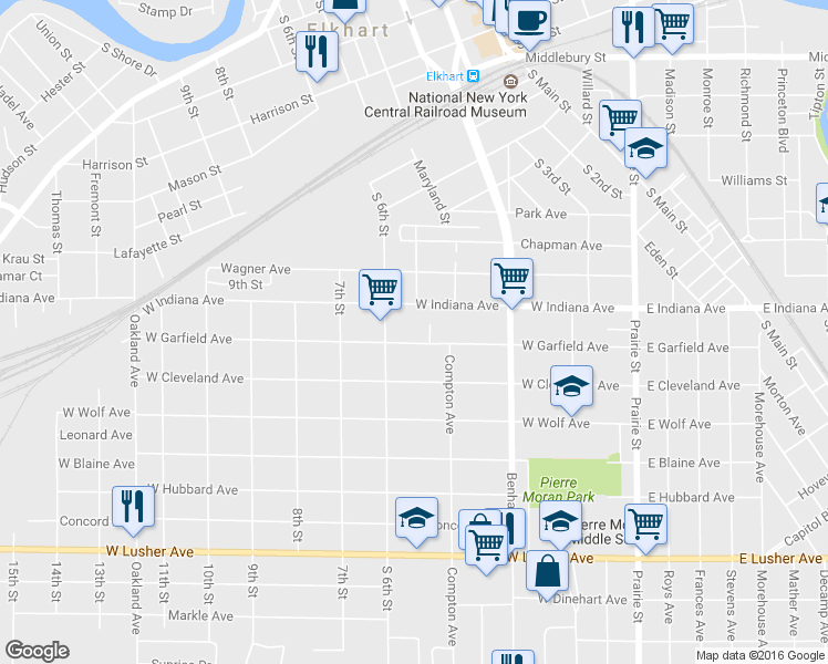 map of restaurants, bars, coffee shops, grocery stores, and more near 512 West Garfield Avenue in Elkhart