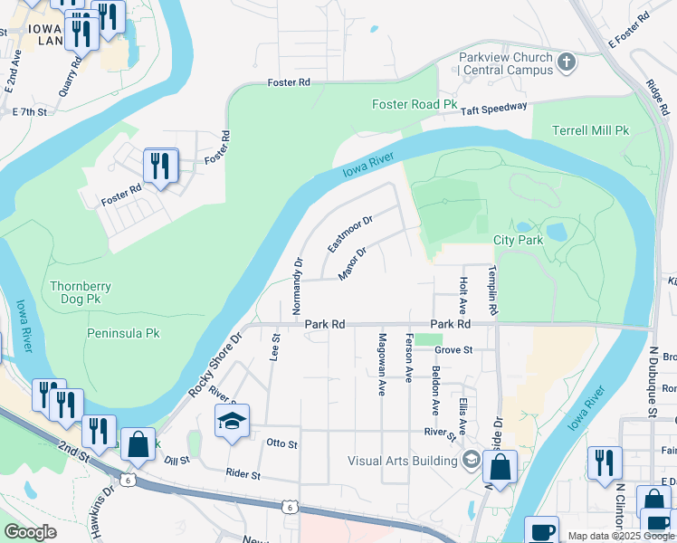 map of restaurants, bars, coffee shops, grocery stores, and more near 605 Manor Drive in Iowa City