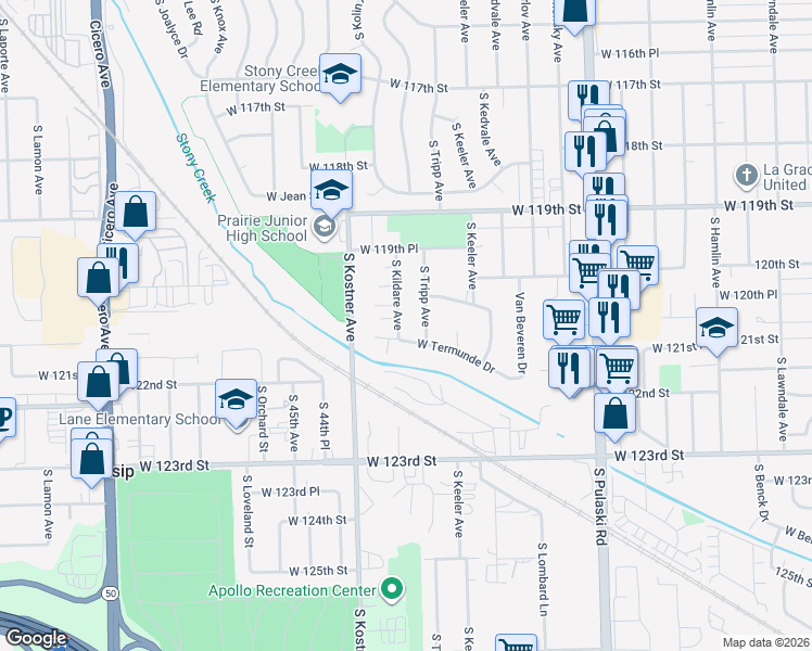 map of restaurants, bars, coffee shops, grocery stores, and more near 12039 South Kildare Avenue in Alsip