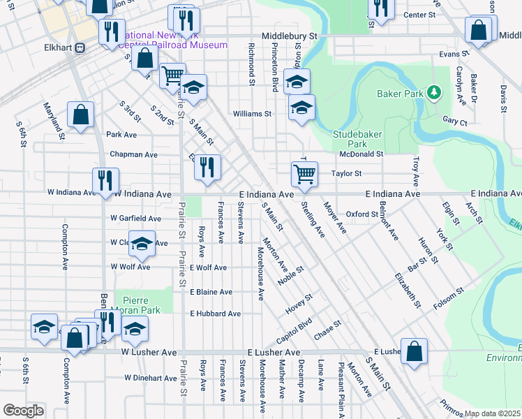map of restaurants, bars, coffee shops, grocery stores, and more near 1500 Morehouse Avenue in Elkhart
