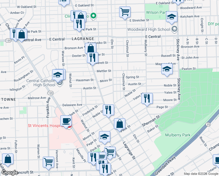 map of restaurants, bars, coffee shops, grocery stores, and more near 339 Palmer Street in Toledo