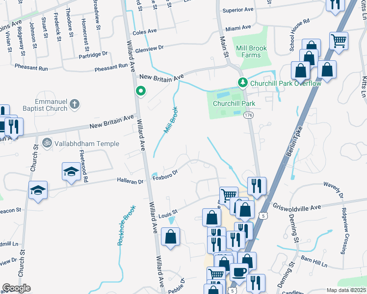 map of restaurants, bars, coffee shops, grocery stores, and more near 35 Fox Run Court in Newington