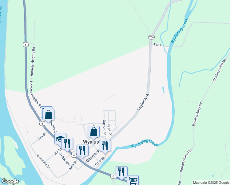 map of restaurants, bars, coffee shops, grocery stores, and more near 322 Gaylord Street in Wyalusing