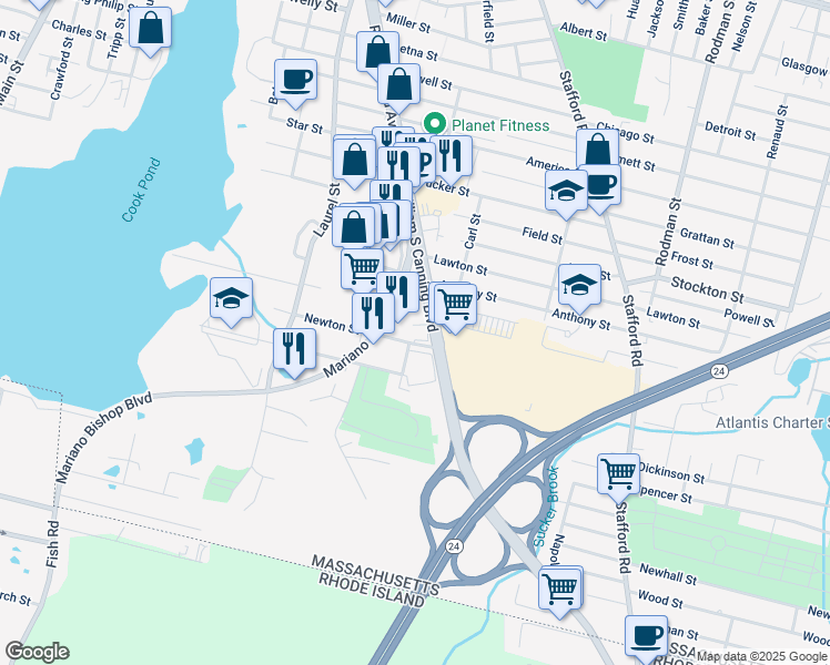map of restaurants, bars, coffee shops, grocery stores, and more near 351-441 William S Canning Boulevard in Fall River