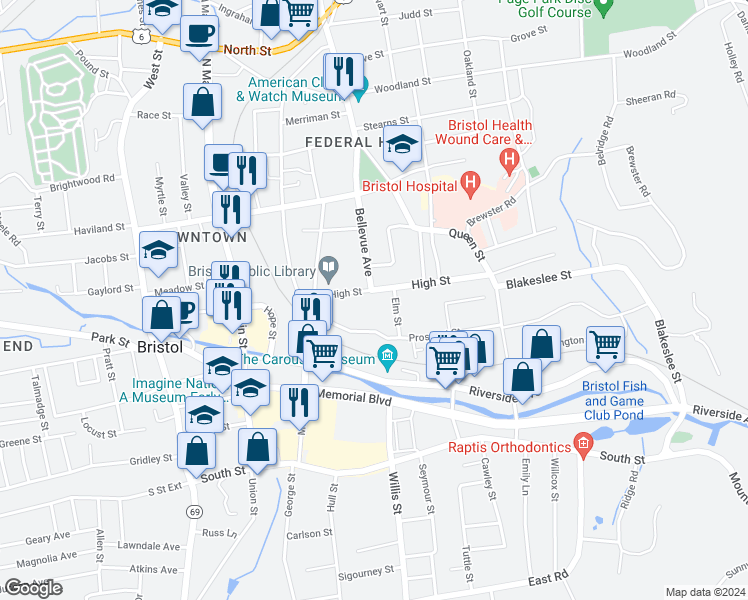 map of restaurants, bars, coffee shops, grocery stores, and more near 66 High Street in Bristol