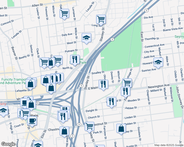 map of restaurants, bars, coffee shops, grocery stores, and more near 70 Noble Street in New Britain
