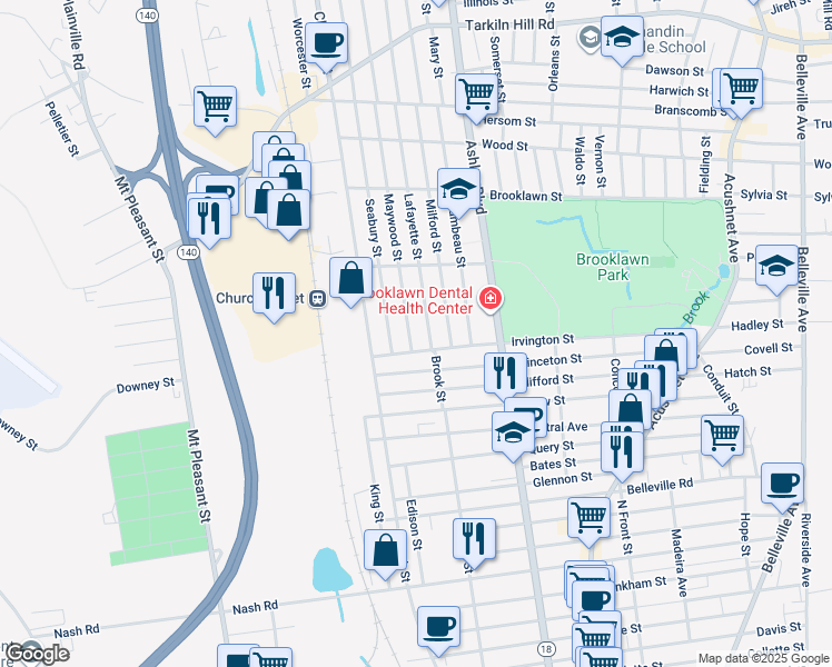 map of restaurants, bars, coffee shops, grocery stores, and more near 267-269 Irvington Street in New Bedford