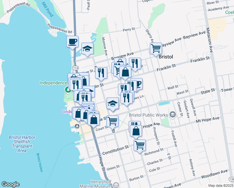 map of restaurants, bars, coffee shops, grocery stores, and more near 163 Bradford Street in Bristol