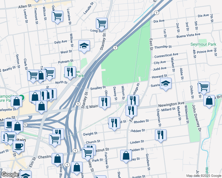 map of restaurants, bars, coffee shops, grocery stores, and more near 47 Olive Street in New Britain