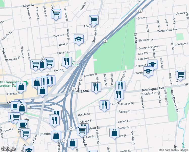 map of restaurants, bars, coffee shops, grocery stores, and more near 85 Smalley Street in New Britain