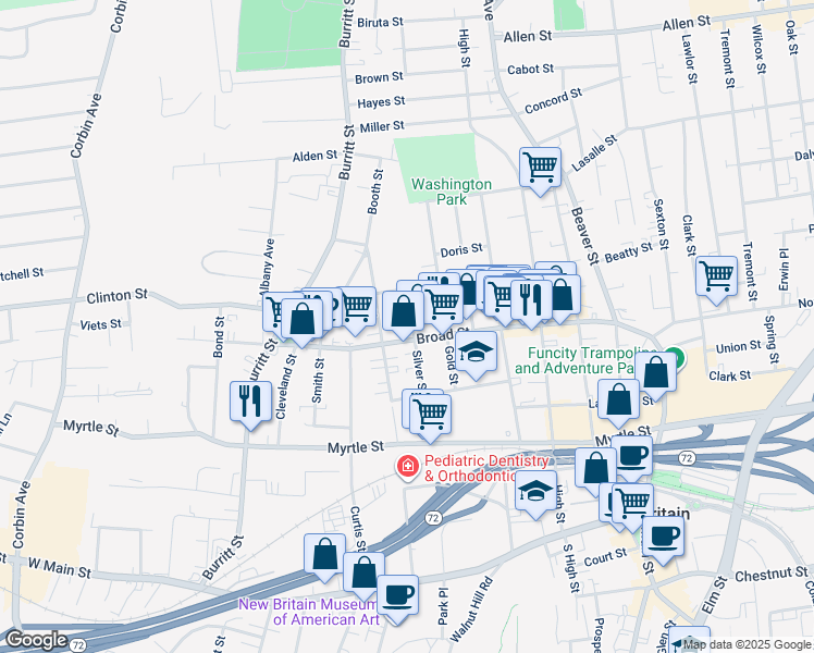 map of restaurants, bars, coffee shops, grocery stores, and more near 223 Broad Street in New Britain