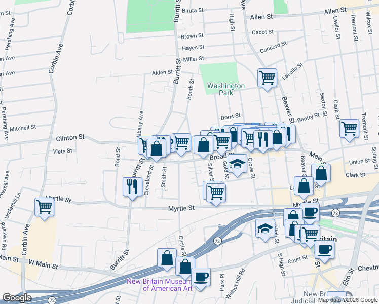 map of restaurants, bars, coffee shops, grocery stores, and more near 223 Broad Street in New Britain