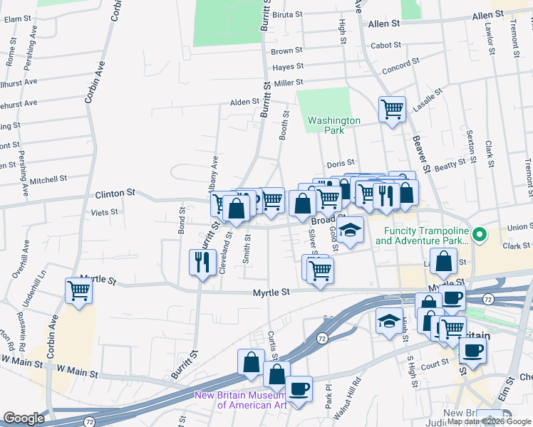 map of restaurants, bars, coffee shops, grocery stores, and more near 259 Broad Street in New Britain