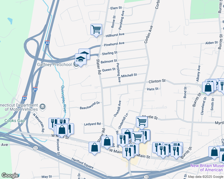 map of restaurants, bars, coffee shops, grocery stores, and more near 136 Overhill Avenue in New Britain