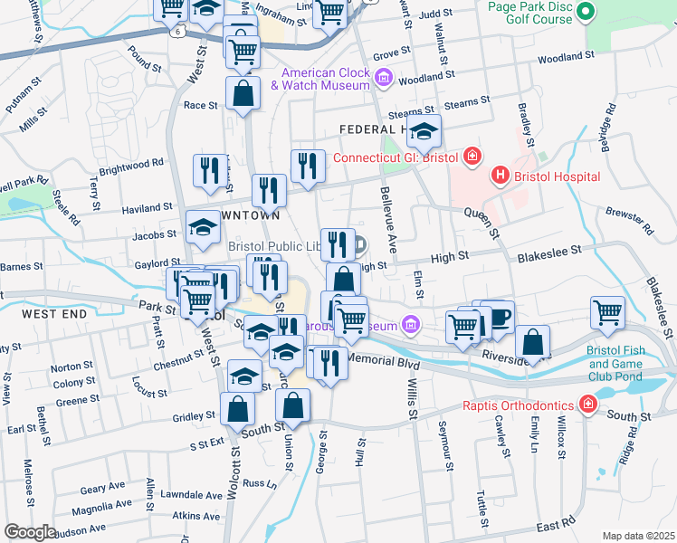 map of restaurants, bars, coffee shops, grocery stores, and more near 233 Main Street in Bristol
