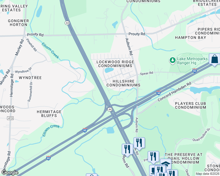 map of restaurants, bars, coffee shops, grocery stores, and more near 10930 Rocky Ledge Lane in Painesville