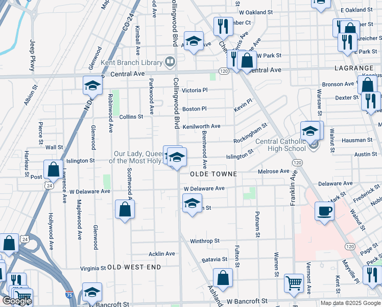 map of restaurants, bars, coffee shops, grocery stores, and more near 435 Islington Street in Toledo